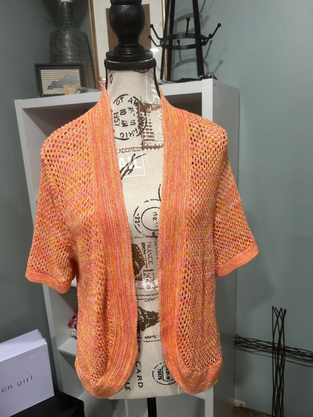 CJ Banks Orange Open-Front Short Sleeve Knit Cardigan Sz X 100% cotton